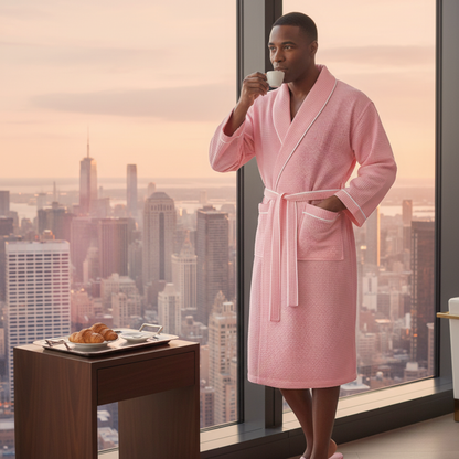 Man in a pink robe enjoying a cup of coffee with a cityscape view.