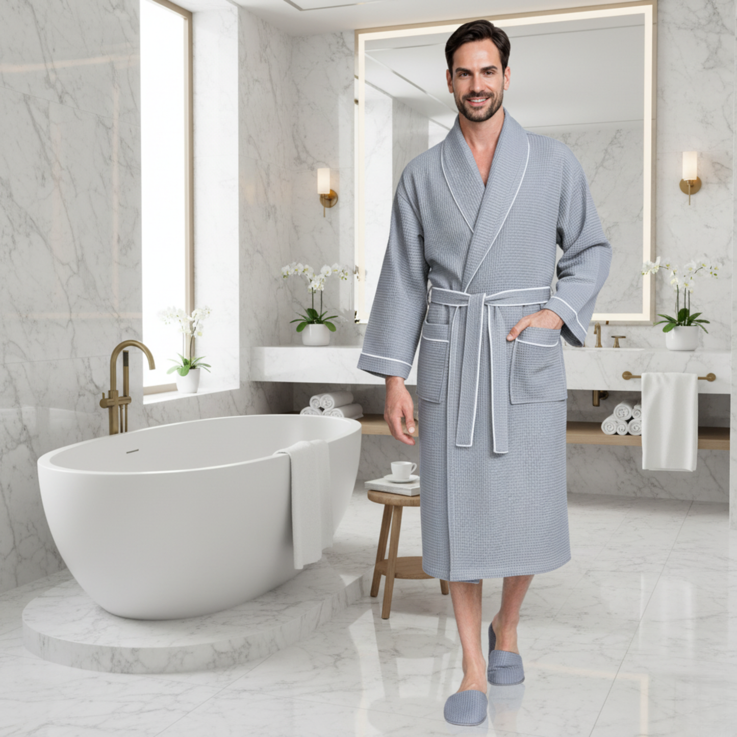 Man wearing a gray robe in a modern bathroom