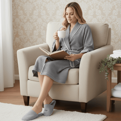 Woman in a robe reading a book and drinking from a cup in a cozy living room.