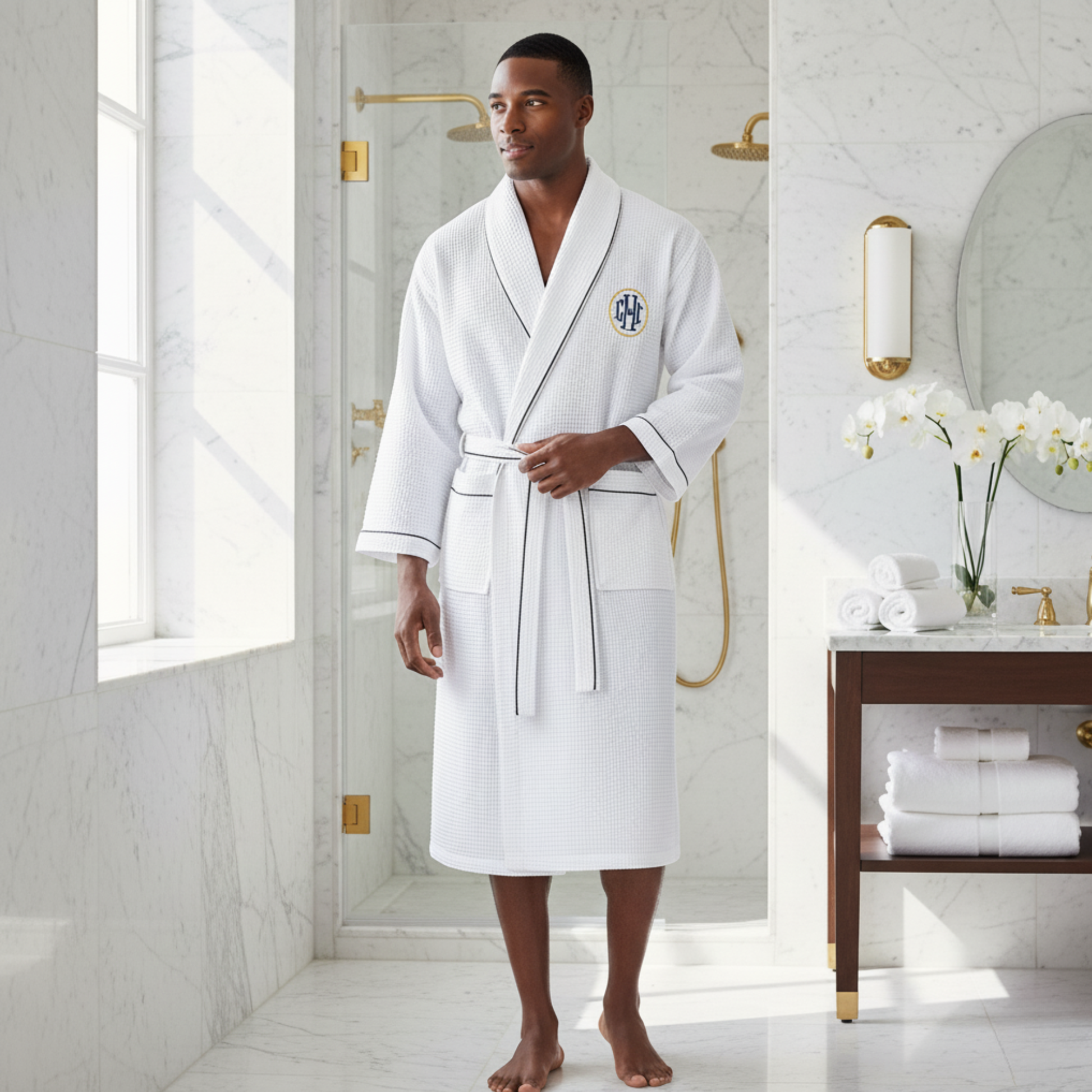 Man wearing a white robe in a bathroom setting